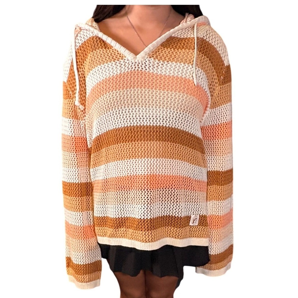 Buc-ee's Crochet Knit Hoodie Women Small Orange Striped Good Boho Open Weave